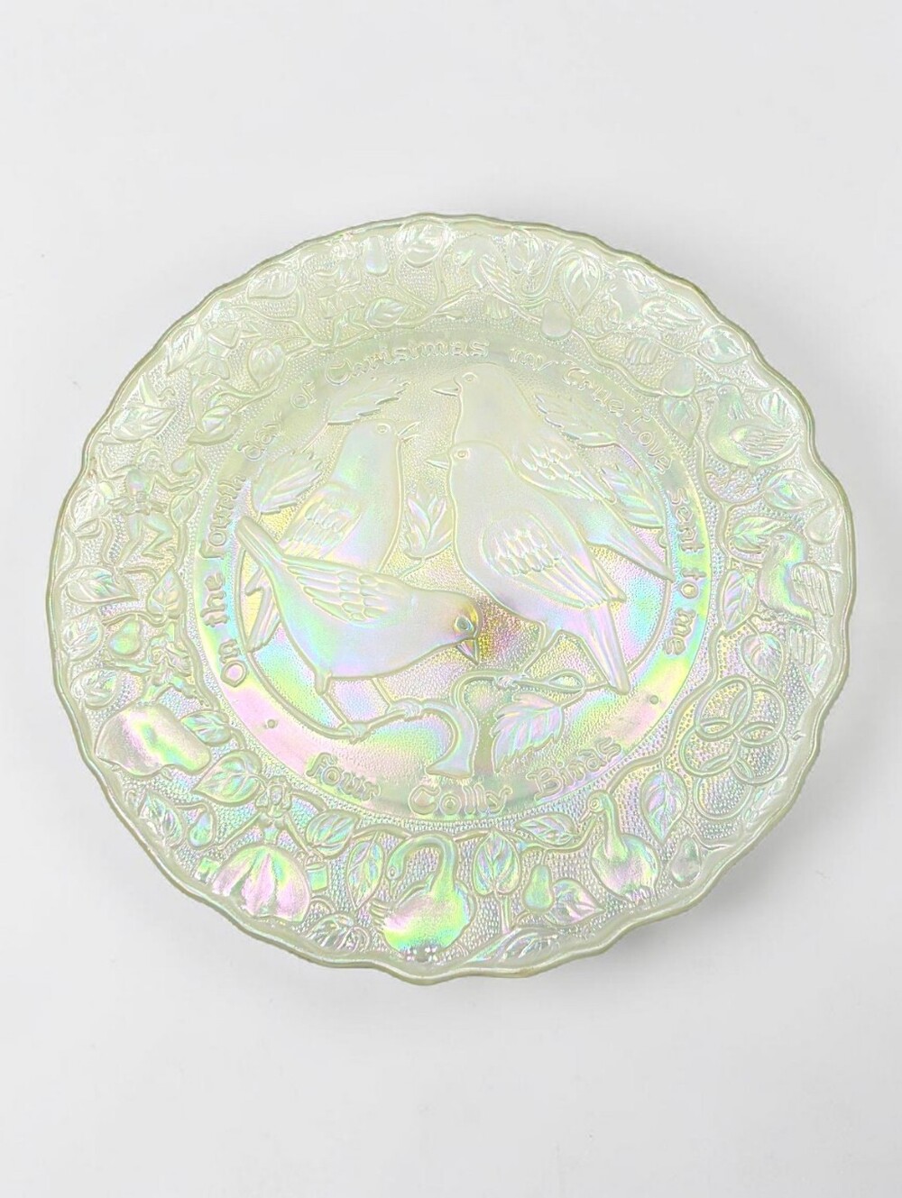 Imperial Carnival Glass Four Colly Birds Christmas Plate Pink Iridescent 1973